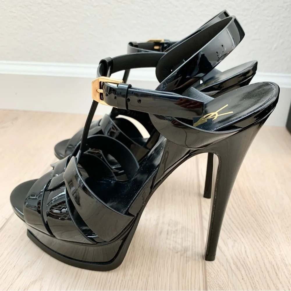 🌟 YSL Black Patent Leather Tribute 105 Platform Heeled Sandals High Heels 37 - Picture 4 of 12